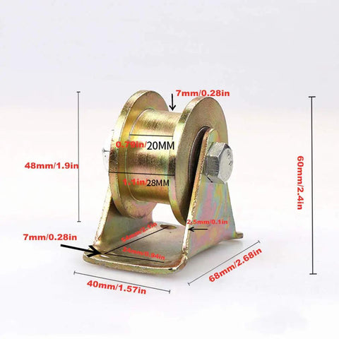 Straight Up Heavy Duty Galvanized Steel Track Wheel Featuring Rock Solid Double Bearings For Slick Sliding Gate Roller And No Junk Barn Door Caster On 50 Millimeter Wire Rope Rails, close-up image with measurements.