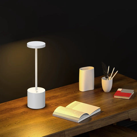 LED Cordless Table Lamp 10.25 Inch Portable Battery Powered Desk Light White Finish With 5000mAh Battery And USB C Fast Charging Delivers 8 To 50 Hours Runtime For Hotel Restaurant Patio And Dining Areas on wooden desk
