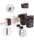 Close-up of Beefy 5 Way 2 Position Double Solenoid Valve for Pneumatic Systems DC 12V with internal pilot and ports