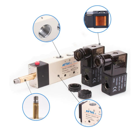 Double Solenoid Pneumatic Valve Five Two Way, 12V DC, One Half Inch PT Thread, showing internal pilot mechanism and ports