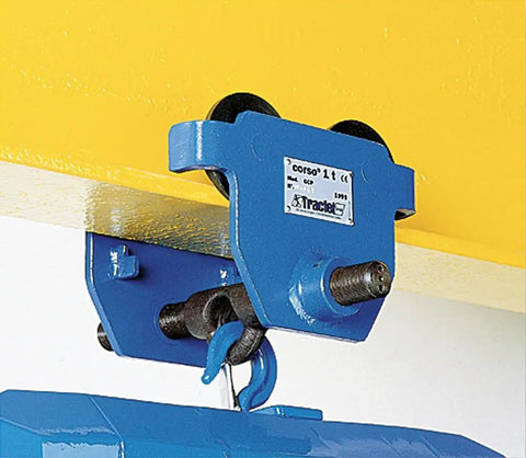 Overhead Push Beam Trolley Heavy Duty 2 Ton Capacity, 4000 Lb Load Rating, flange adjustment with crank, blue alloy steel