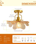 Modern Brass Ceiling Pendant Light With Green Glass Flower Shade Gold Ceiling Lamp For Bedroom Living Room Dining Room And Hallway E26 110V Semi Flush Mount Chic Boss Home Lighting That's Straight Up Lit, dimensions and specifications shown.