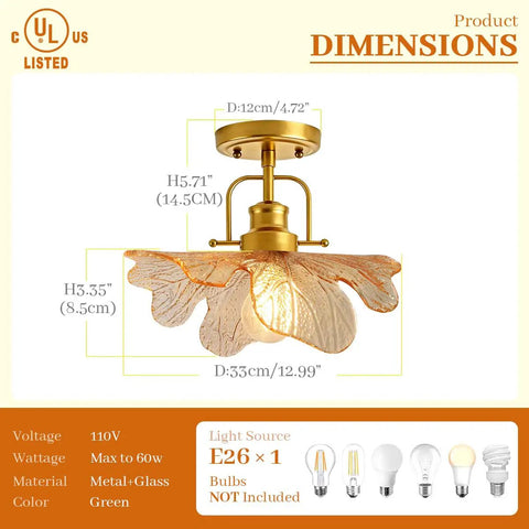 Modern Brass Ceiling Pendant Light With Green Glass Flower Shade Gold Ceiling Lamp For Bedroom Living Room Dining Room And Hallway E26 110V Semi Flush Mount Chic Boss Home Lighting That's Straight Up Lit, dimensions and specifications shown.