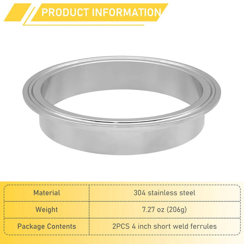 Side view of a 4-inch stainless steel tri-clamp ferrule for sanitary fittings, short weld type.