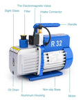 3 CFM Single Stage Rotary Vane Vacuum Pump With Solenoid Valve for HVAC and AC Refrigerants, showing components labeled.