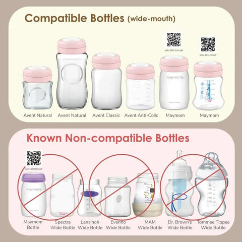 Travel Caps With Rewritable Sealing Disc For Avent Wide Mouth Bottles Leak Resistant Screw Lids Replacements 6 Pack Pink Compatible With Philips Avent Classic And Spectra Wide Mouth Bottles shown on compatible and non-compatible bottles