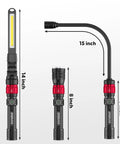 3-In-1 LED Work Light with Magnetic Base, Flexible Gooseneck, and Slim Bar Light showing various head attachments and dimensions.