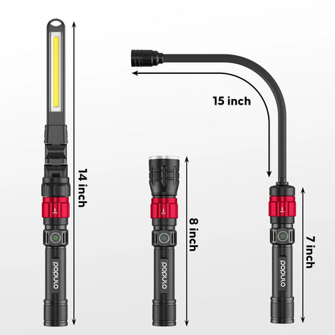 3-In-1 LED Work Light with Magnetic Base, Flexible Gooseneck, and Slim Bar Light showing various head attachments and dimensions.
