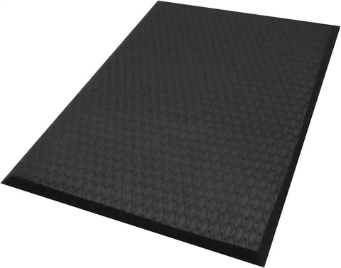 Built Different And Tough As Nails Anti Fatigue Mat With Heavy Duty Diamond Texture For Standing All Day Without Breaking A Sweat Grease And Oil Resistant Commercial Closed Cell Foam Ergonomic Work Pad In Black Three By Five Feet, showcasing textured surface.