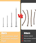 Comparison of 500Pcs Stainless Steel Wall Nails Set with ordinary nails, showing six sizes in 304 stainless steel versus rusted nails.