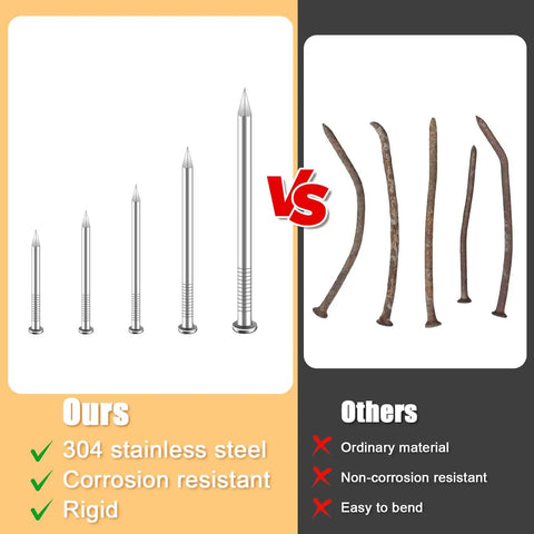 Comparison of 500Pcs Stainless Steel Wall Nails Set with ordinary nails, showing six sizes in 304 stainless steel versus rusted nails.