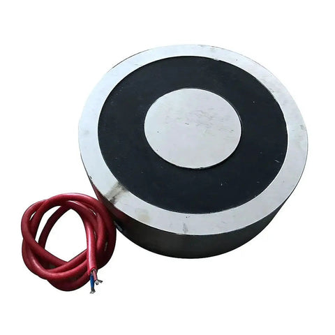 Heavy Duty 24V Electric Magnetic Lifter Cylindrical Suction Plate 14000KG Capacity with red wiring for industrial lifting.