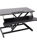 31.5 Inch Height Adjustable Standing Desk Converter Featuring Ergonomic Keyboard Tray And Monitor Riser, black finish, adjustable design, ergonomic setup.