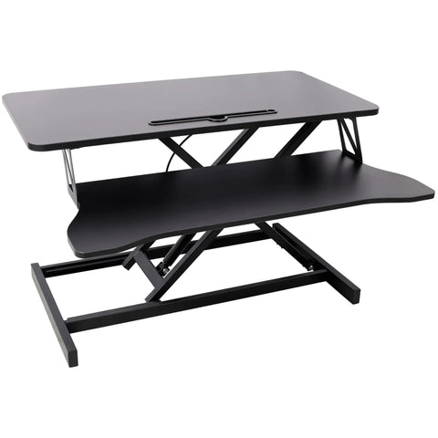 31.5 Inch Height Adjustable Standing Desk Converter Featuring Ergonomic Keyboard Tray And Monitor Riser, black finish, adjustable design, ergonomic setup.