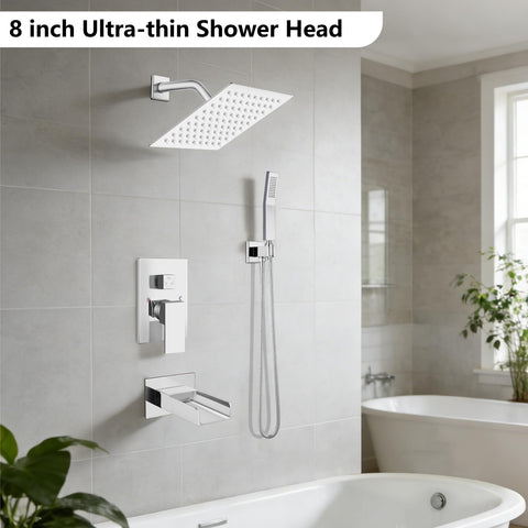 All Metal 3 In 1 Rain Shower System With Square Rainfall Head, Waterfall Shower, Handheld Sprayer, Wall Mounted Tub Faucet Set