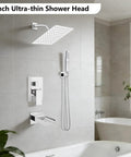 All Metal 3 In 1 Tub And Shower Faucet Set With 10 Inch Square Rainfall Head, Wall Mounted, Polished Chrome, Bathroom View