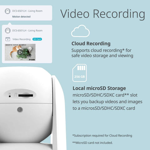 Mydlink Full HD WiFi Pan Tilt Security Camera 360 View No Fuss Setup Pet And Baby Monitoring Motion Detection Night Vision Cloud And MicroSD Recording For Home Security And Baby Room Checkups with video recording features, cloud and microSD storage options.
