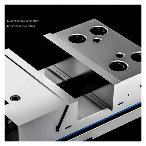Top Shelf 6 Inch Bench Vise With Linear Guide Rail Clamping Vice CNC Machine Tool Holder showing stainless steel jaws and structure.