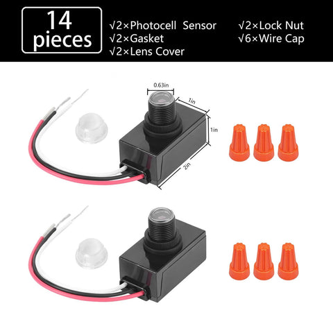 2 Pack Dusk To Dawn Photocell Sensor For Outdoor Lighting 120 To 277V Auto On Off Switch with Gaskets and Wire Caps