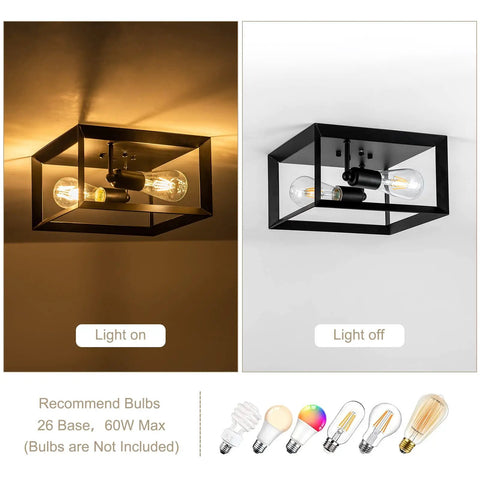 Two Pack Black 11 Inch Semi Flush Mount Ceiling Lights Modern Industrial Square Metal Close To Ceiling Lighting, light on and off