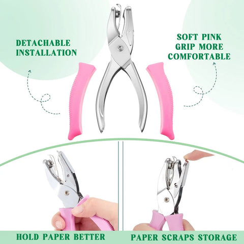 Eight Piece Hole Punch Set With Shaped Punchers for craft lovers featuring metal paper punch and pink grippy handle.