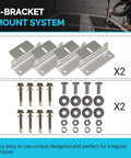 Z-bracket mount system components including stainless steel brackets, screws, nuts, and washers for solar panel installation.