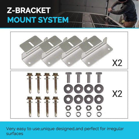 Z-bracket mount system components including stainless steel brackets, screws, nuts, and washers for solar panel installation.