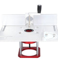 Top Shelf Heavy Duty Router Table And Router Combo Kit Featuring Tight Grip Clamp Base And Easy Adjust Lifting System For Precision Woodworking Trimming Projects Today, showing aluminum table and red base.