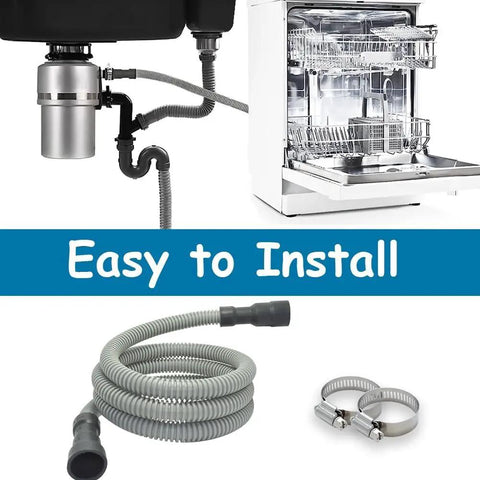 Six Foot Universal Dishwasher Drain Hose With No Fuss Trim To Fit Eleven Sixteenth Inch Or One And One Eighth Inch Dishwasher End And Five Eighth Inch Three Quarter Inch Or One Inch Sink Or Garbage Disposal End With Stainless Steel Clamps shown with dishwasher and clamps.