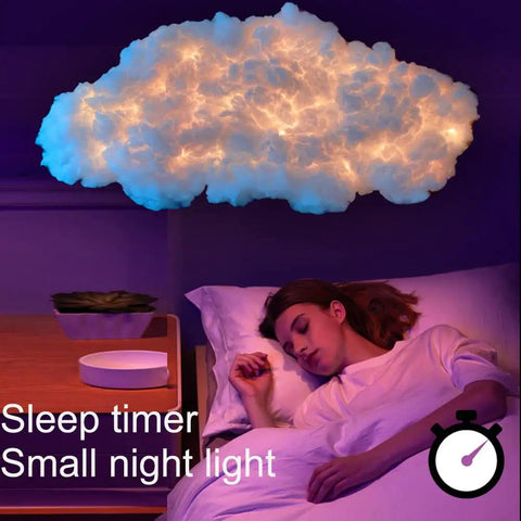 Epic 1.2m Cloud Rain Lightning Light Kit With USB Power in a cozy bedroom setup with soft glowing effect above sleeping person.