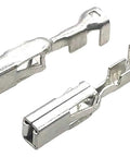 Top Shelf Brass Female Wire Terminal Crimp Pins Compatible With 4D0971992 Auto Connector Solder Free Quick Crimp Install Hella Reliable Heavy Duty Electrical Harness Joiner 50 Pack close-up of two pins.