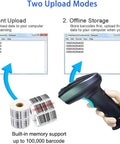 Hassle Free Wireless Bluetooth Barcode Scanner Cordless 1D 2D QR Code Reader demonstrating upload modes with displayed barcode data.