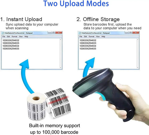Hassle Free Wireless Bluetooth Barcode Scanner Cordless 1D 2D QR Code Reader demonstrating upload modes with displayed barcode data.