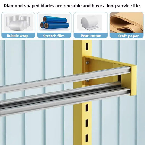Heavy Duty Rolling Workbench With Smooth Rollin Caster Wheels And Adjustable Standing Height For Warehouses And Couriers, Legit Packing Station Upgrade, Includes Sturdy Surface, Pegboard Rack And Built In Cutter close-up of reusable diamond-shaped blades for packing materials.