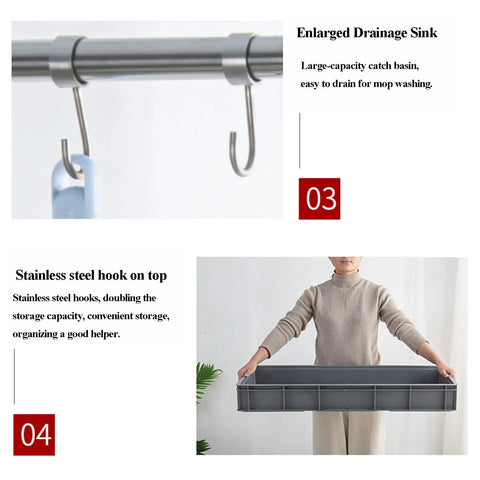 Movable Mop And Broom Holder In Stainless Steel With Drainage Basin, close-up of hooks and hands holding rack, heavy duty organizer.
