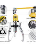 Heavy Duty Hydraulic Gear Puller With Two Or Three Jaw Bearing Separator For Backyard Mechanic Hub And Belt Pulley Extraction Grease Monkey Approved Steel Build with oil cover and activity handle.