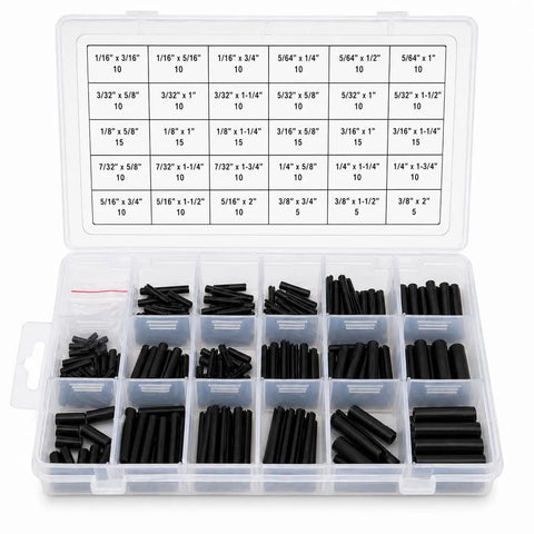 315 Piece Roll Pin Set For Repairs And Equipment, 11 Popular Sizes From 1/16 Inch To 3/8 Inch, organized in storage case