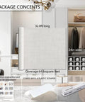 Grasscloth Linen Textured Cream Peel And Stick Wallpaper Roll 24 Inch By 394 Inch next to closet with folded clothes and accessories.