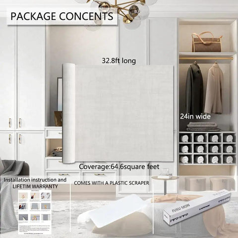 Grasscloth Linen Textured Cream Peel And Stick Wallpaper Roll 24 Inch By 394 Inch next to closet with folded clothes and accessories.