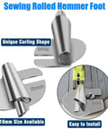 TOOVREN rolled hemmer foot set for sewing; 4pcs, 3–10 mm range, metal presser feet (front and side views)