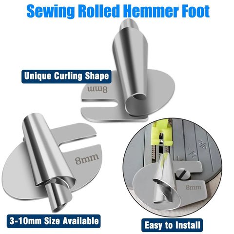 TOOVREN rolled hemmer foot set for sewing; 4pcs, 3–10 mm range, metal presser feet (front and side views)