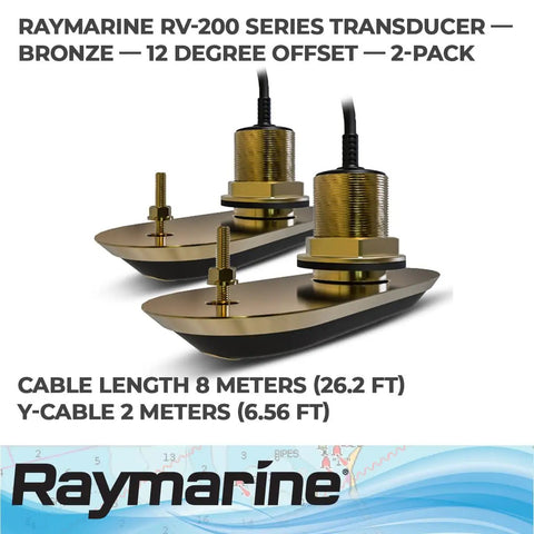 Bronze Through Hull Transducer Pack With 12 Degree Dead Rise Compensation, 2-pack with 8m cable, designed for inboard and outboard boats.