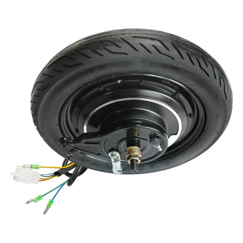 14 Inch 36 Volt 500 Watt Brushless Hub Motor Wheel With Integrated Drum Brake For Electric Scooter And Electric Bike Conversion top view with wires