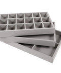 Sleek Three Piece Multi Compartment Jewelry Organizer Tray With Supple Velour Finish For Earrings Rings And Necklaces, grey velvet trays stacked.