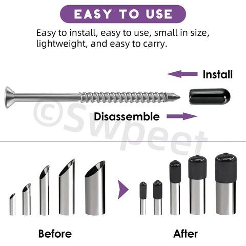 Must Have 496 Piece Black Vinyl Rubber End Caps Kit showing installation and before-after use on screws