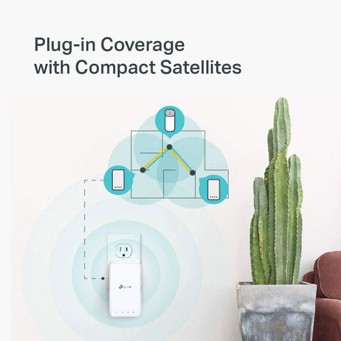 Mesh WiFi System For Whole Home Coverage Deco M3 Booster With AC1200 Speed shown plugged in beside a cactus plant
