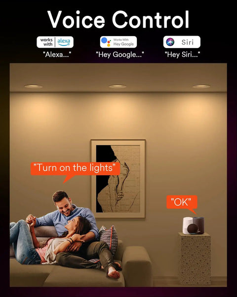 Living room with Four Pack 4 Inch LED Can Lights With WiFi, 9W 780 Lumen Color Changing Recessed Lighting, voice control display