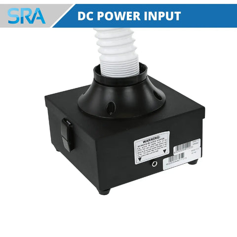 Benchtop Solder Fume Extractor With Heavy Duty Air Suction And Triple Filter System HEPA Plus Activated Carbon shown with DC input label.