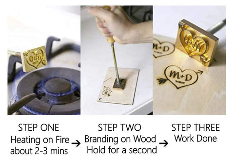 Steps for using Branding Iron Kit for Wood and Leather With Copper Stamp Mold and Handy Handle Personalize Your Woodworking Projects