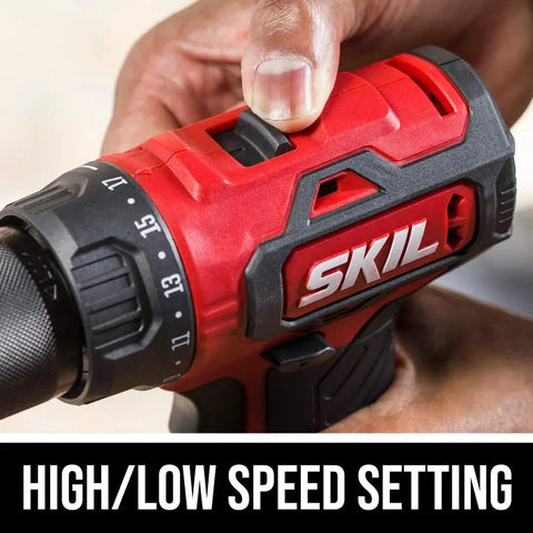 Close-up of 2-Tool Cordless Drill Driver And 1 Quarter Inch Hex Impact Driver Kit with high/low speed setting feature